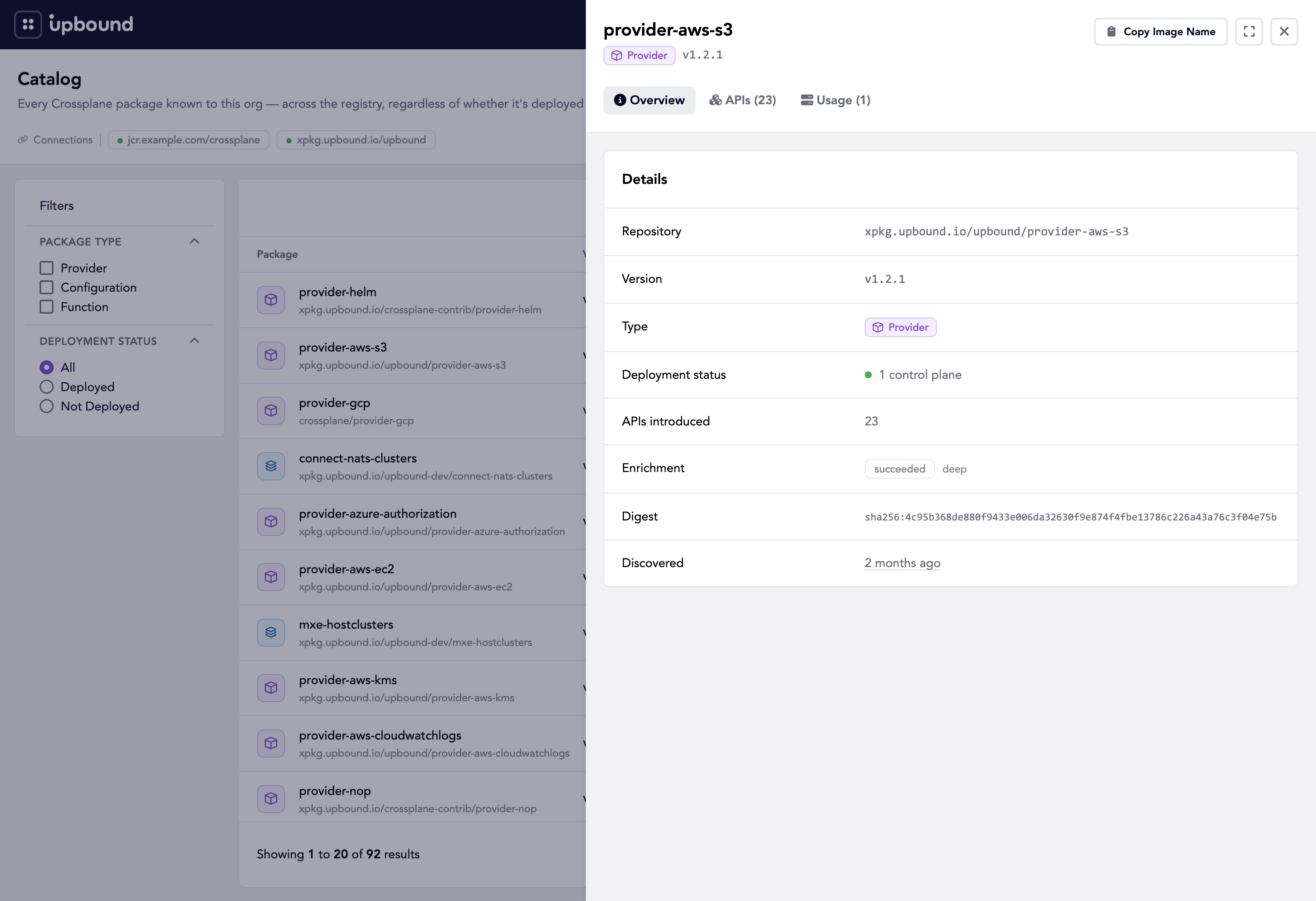 Package detail drawer showing the metadata tab